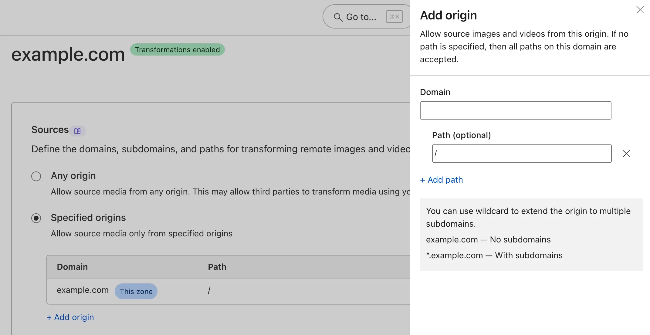 Add the origin for source videos in the Cloudflare dashboard